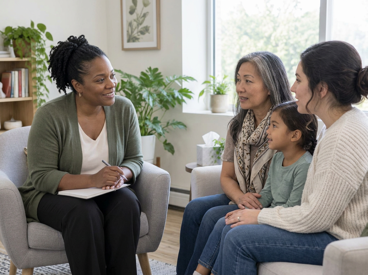 A counselor listening to a diverse family across three generations